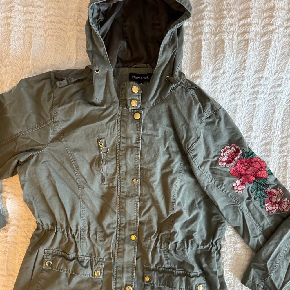 Hooded Khaki Green Women's 1X field jacket embroidery sleeve Large
